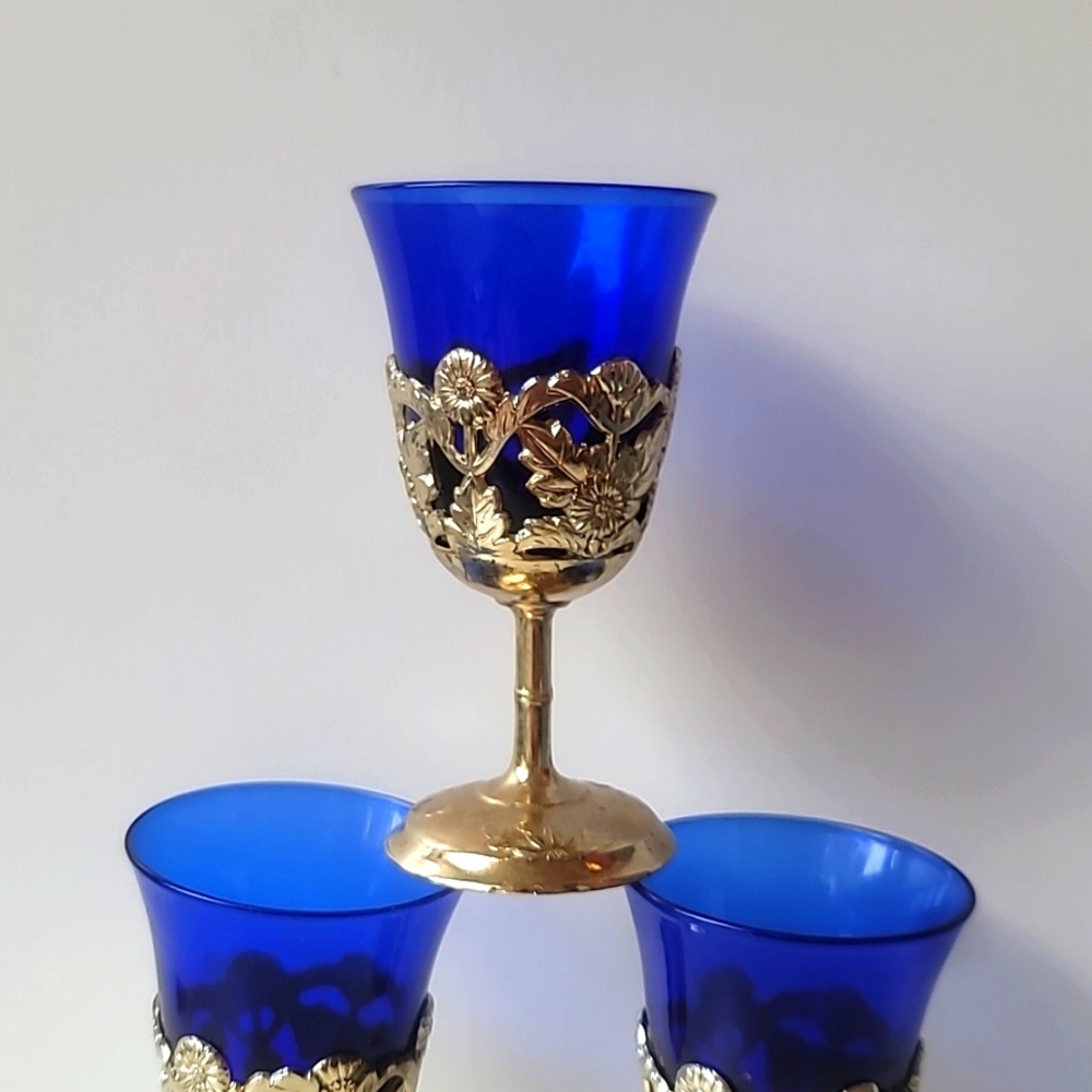 Blue and Gold Shot Glass Goblets Vintage